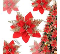 AYNKH 20Pcs Christmas Poinsettia Flowers Decorations with Clips, 14.5cm Christmas Artificial Glitter Tree Flower Ornaments for Xmas New Year Wreath Tree Decor