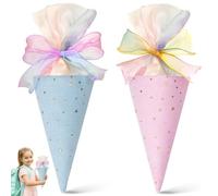 AYNKH 2PCS First Day at School Cone Gift Bag for Boys Girls, Fabric Gift Bags, Large Capacity Candy, Stationery, Toy Fabric Cone-Shaped Filling Bags, Pink and Blue