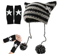 AYNKH 2PCS Grunge Clothes, Beanies & Fingerless Gloves, Fox Cat Ear Goth Crochet Knitted Hats, Gothic Clothes for Women,Scene Clothes, Emo Accessories, Y2K Accessories,Gothic Clothes for Women