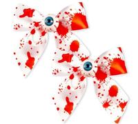 AYNKH 2PCS Halloween Bloody Hair Bows, Blood Splattered Hair Clips, Zombie Cheerleader Accessories, Big Eyeball Horror Printed Fabric Barrette, Carnival Festival Party Gifts