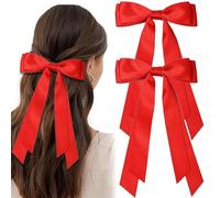 AYNKH 2PCS Red Hair Bow Clips, Large Double Satin Hair Ties Fastener French Barrette, Long Silky Tail Soft Bowknot for Women Girls, 90's Accessories for Party Valentine's Day