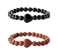 AYNKH 2PCS Tourmaline Gemstone Bracelet with 8mm Beads and Heart Accents, Healing Stone, Protection Stone, Lucky Charms, Gifts, Amulets, Birthday, Valentine's Day (19 cm)