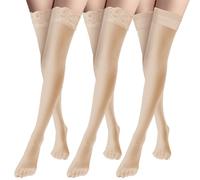 AYNKH 3 Pairs Women Sheer Lace Stockings, Sheer Over Knee Fishnet Silky Stocking for Women Girls (UK, Alpha, One Size, Regular, Regular, Nude)
