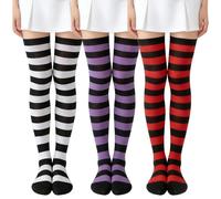 AYNKH 3 Pairs Women's Knee High Socks,Striped Thigh High Socks,Ladies Long Sock,Casual Black Sock for Girls Daily Wear Cosplay (One Size)