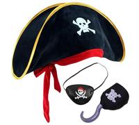 AYNKH 3 Piece Pirate Accessory Set, Child Adult Pirate Hat, Skull Printed Captain's Costume Hat with Eye Mask and Hook, Caribbean Fancy Dress for Parties, Halloween