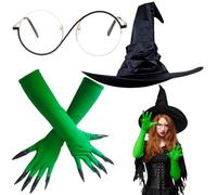 AYNKH 3-Piece Witch Elphaba Costume Accessories,Witch Costume Set, Including Gloves, Witches Hat And Glasses, Suitable For Halloween, Role-Playing, And Parties