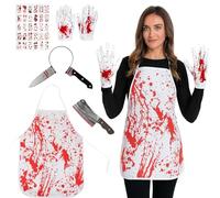 AYNKH 34Pcs Horror Butcher Costume Set, Halloween Scary Headband Bloody Gloves Aprons Fake Knife Prop Halloween Temporary Tattoo Stickers for Adult Kids Party Cosplay