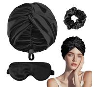 AYNKH 3PCS Adjustable Silk Satin Hair Bonnet Double Layer, Silk Wrap and Eye Mask for Sleeping Women Men, Unisex Night Cap for Curly Natural Braid Straight Styles (Black)