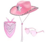 AYNKH 3PCS Sequin Cowboy Hat for Women Girls, Star Shiny Cowgirl Costume with Western Hat Bandana Sunglasses, Halloween Carnival Festival Cosplay Party Fancy Dress Accessories