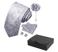 AYNKH 4PCS Men's Tie Suit Pocket Towel Set, Men's Patterned Tie,Square Scarf, Cufflinks, Corsage, Suit Accessory Sets Gift Box, Wedding Set (white, white silver stripes)