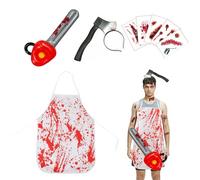 AYNKH 4PCS Saw Butcher Costume, Bloody Apron, Realistic Tattoo Stickers, Knife in Head, Inflatable Chainsaw, Halloween Carnival Party Scary Decorations, One Size Fits All