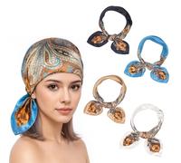 AYNKH 4PCS Square Satin Headscarves, 4 Distinct Colors, Silk Hair Scarves Accessories, Various Ways of Use, Classic Patterned Squares Beach Bandanas for Women