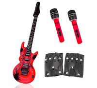 AYNKH 5 Pack Punk Rocker Party Kit, Large Inflatable Guitar & Microphone Heavy Metal Rocker Gloves, 80s Disco Musical Instrument Costume Accessories for Kids Adults Party