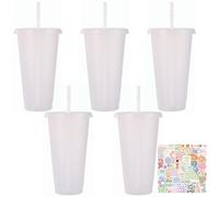 AYNKH 5 Pcs 24oz/700ml Reusable Plastic Cup,Iced Water Drinkware with Lids & Straws & Stickers,Transparent Party Mug,Acrylic Cups Bulk Tumbler Set for Coffee,Smoothie,Cold