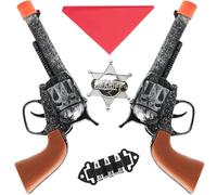 AYNKH 5 Pcs Children's Wild West Cowboy Sheriff Double Gun Set with Two Cowboy Toy Guns, Red Bandana, Bullet Clips and Sheriff's Badge for Role-Play, Theatre Performances, Dress-Up Parties