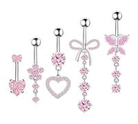 AYNKH 5 Pcs Pink Belly Button, Hypoallergenic, Piercing Belly Button Stainless Steel with Copper Finish and Zircon, Jewellery Heart, Bow, Butterfly, Flower Pendant