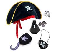 AYNKH 5 Pcs Pirate Captain Costume Accessories Set, Pirate Hat, Skull Eye Mask, Pirate Cloth Hook, Black Money Bag, Pirate Ring, Halloween Party Supplies Pirate Costume for Kids Adults Boys Girls