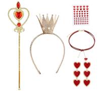 AYNKH 5 Pcs Red Queen Costume Accessories Set, Red Heart Collections, with Crowns, Wands, Earrings, Necklaces, Rhinestone Stickers, for Parties, Carnivals, Dress-Up Events