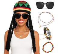AYNKH 5PCS Reggae Costume Accessories, Jamaican Rasta Fancy Dress Set,Caribbean,Black Sunglasses, Braided Dirty Braid Wig Hat, Bracelet, Necklace,Women Men Party Masquerade Cosplay Halloween Carnival