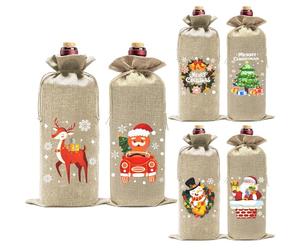 AYNKH 6 Pcs Christmas Wine Bottle Cover Bags, with Drawstring, Santa Snowman Deer Pattern 6 styles, Reusable, for Christmas Home Dinner Party Decoration, for Winter Holiday Party Supplies