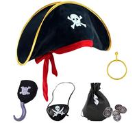 AYNKH 6 Pcs Pirate Costume Accessories Set for Kids Adults, Pirate Hat, Eye Patch, Captain Hook, Earring, Gold Coins for Halloween Costume Dress Up Fancy