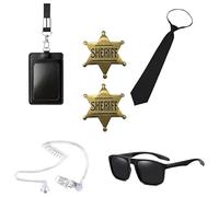 AYNKH 6 PCS Secret Agent Costume Accessories, Spy Costume Accessories, Secret Agent Costumes Set,Black Sunglasses, Zip Tie, Headphones, Card Holder,Sheriff's Badge Carabiner for Men, Women,Children