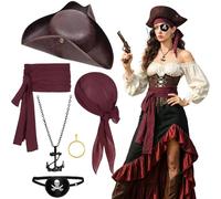 AYNKH 6PCS Men's and Women's Pirate Costume Accessories - Hat, Headscarf, Belt, Anchor Necklace, Earrings, Eye Mask, Halloween Party Pirate Role Play, Masquerade Ball, Party Stage Performance