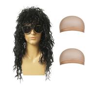 AYNKH 70s 80s Heavy Metal Disco Wig for Halloween Costumes - Rocking Dude, Hard Rocker, Rock Star Long Curly Black Costume Accessories - Vintage Rocker Style With 2 Caps