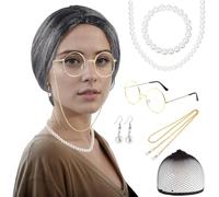 AYNKH 7Pcs Old Lady Costume Sets Grey Granny Wig Glasses Earrings Necklace Bracelet Gangster Grandma Costume Fancy Dress Accessories for Halloween Carnival Party Book Day
