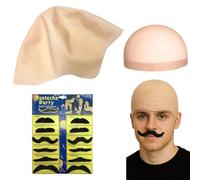 AYNKH Bald Cap with Fake Moustaches and Wig Cap for Adults, Thick Skin Hair Net Latex Skull Head Novelty Costume Accessory for Halloween Cosplay Fancy Dress