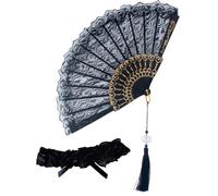 AYNKH Black Lace Hand Fan Handheld Fabric with Tassel Hand Fan Folding Bridal Folding Fans with Garters for Brides Spanish Fan Hand Fans for Women Girls Halloween Dress Up Costume Dancing Party