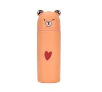 AYNKH Cute Stationery Box, Love Bear Pencil Pouch, Bear Pencil Case,2 in 1 Soft Silicone Pouch, Upright Stationery Box, Animal Pen Holder, Pen Holder Pencil-Pouch for Girls,Boys(Brown
