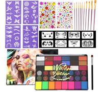 AYNKH Face Painting Kit for Kids, 42 Colors Non Toxic Face Paint with Multi Patterns Reusable Stencil, 10 Different Size Paintbrush, 2 Colored Rhinestone Stickers, Washable Makeup for Party Halloween