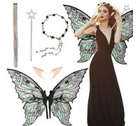 AYNKH Fairy Wings Butterfly Dress up Set Angel Princess Costume, 4PCS Wings Wand Flower Headband Ears Angel Costume Accessories for Women Girls Halloween Party Carnival Cosplay Gift(Black)
