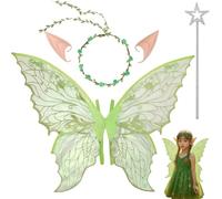 AYNKH Fairy Wings, Butterfly Wings Cape for Kids Princess Angel Costume, Flower Headband Crown Ears and Wand Fairies Wing Set, Ideal for Halloween Birthday Christmas Party (Green)