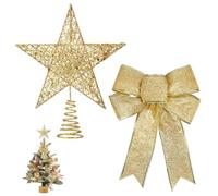 AYNKH Gold Small Christmas Tree Topper Glitter Mini Star Tree Topper with Christmas Tree Decorative Bow, Metal Xmas Small Star for Top of Christmas Tree Decorations 20cm/4.7Inch
