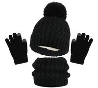 AYNKH Kids Winter Scarf Hat and Gloves Set,Pom Bobble Hat Knitted Warmth Crochet Thick Fluffy Scarf Two Fingers Touch Screen Gloves Set for Boys and Girls 2-8（Black）