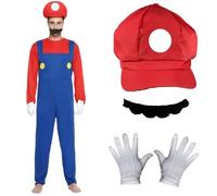 AYNKH Mario Costume Fancy Dress Outfit for Adults Kids Mario Hat Bodysuit Moustache White Gloves Costume Accessories for Halloween Cosplay Carnival Party (S)