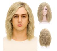 AYNKH Mens Curly Wig, Mid Length 16''/40 cm Blonde Brown Black Handsome Cosplay Wigs, 70s 80s Pop Rocking Dude Fancy Dress Halloween Party Costume for Adults