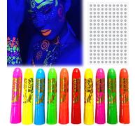 AYNKH Neon Glow Face Paint Crayons Kit, 10 Colors with Rhinestone Stickers, Safe Non-Toxic Body Paint for Glow Party, Festival, Discos, Halloween, Makeup Party, Cosplay, Glow in The Dark