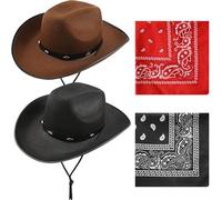 AYNKH Pack of 2 Cowboy Hats & Bandanas, Felt Western Accessories Texas Texan Costume for Men Women, Halloween Carnival Christmas Festival Fancy Dress Cosplay Party Gear