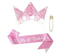 AYNKH Pink 8th Birthday Decorations for Girl, 8th Birthday Sash and Crown Headband Girls Decorations Gift Party Accessories for Girls
