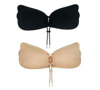 AYNKH Stick on Bra, 2Pcs Invisible Adhesive Backless Bra, Strapless Push Up Bras with Drawstring for Women Reusable Skin Friendly Sticky Silicone Padded (UK, Cup & Band, A, Black & Skin Tone)