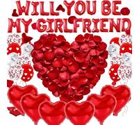 AYNKH Valentine'S Day Balloon Decorations,1000Pcs Artificial Rose Petals with Will You Be My Girlfriend Letter Balloons,Red Love Heart Foil Latex Balloons for Proposal Supplies and Confession