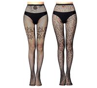 AYNKH Womens Black Patterned Fishnet Tights, High Waisted Stretchy Pantyhose Goth Stockings Fashion Leggings for Night Club Party Festivals, Flower Leopard Star Rose Lace (Flower+Leopard)