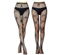 AYNKH Womens Black Patterned Fishnet Tights, High Waisted Stretchy Pantyhose Goth Stockings Fashion Leggings for Night Club Party Festivals, Flower Leopard Star Rose Lace (Skull+Sunflower)