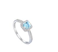 Ayoiow 14K Gold Promise Rings Half Eternity with 0.6ct Square Aquamarine and 0.16ct Diamond, Engagement Ring Bands for Women Size P 1/2