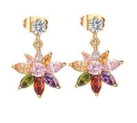 Ayoiow 14K Gold Summer Earrings Yellow Gold with Amethyst Pink Crystal Garnet Citrine for Women, Flower Multicolor Dangle Earrings for Her