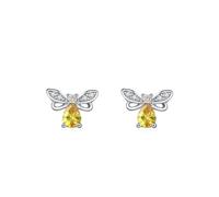 Ayoiow 14K White Gold Earrings for Women Studs with Yellow Citrine, and Moissanite, Honey Bee Shaped Elegant Earrings for Women, in Silver Yellow