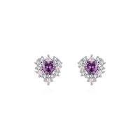 Ayoiow 14K White Gold Vacation Earrings for Women Purple Amethyst, and Moissanite, Gold Earrings for Women Trendy Studs, Heart Halo in Silver Purple